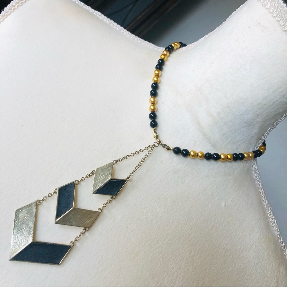 Handcrafted repurpose black and gold tie pendant Czech glass Pearl necklace